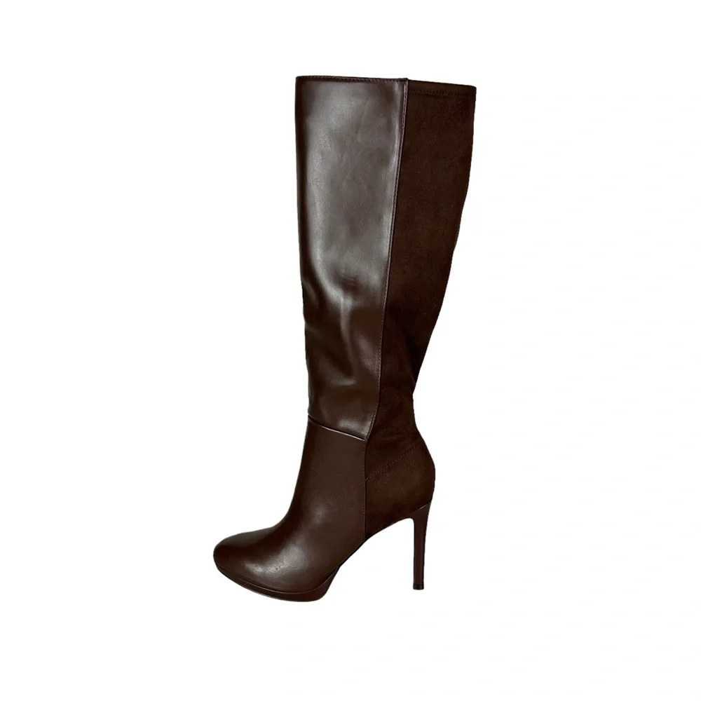 Nine West Brown Two-Tone Knee High Leather & Suede Stiletto Boots - Picture 2 of 12